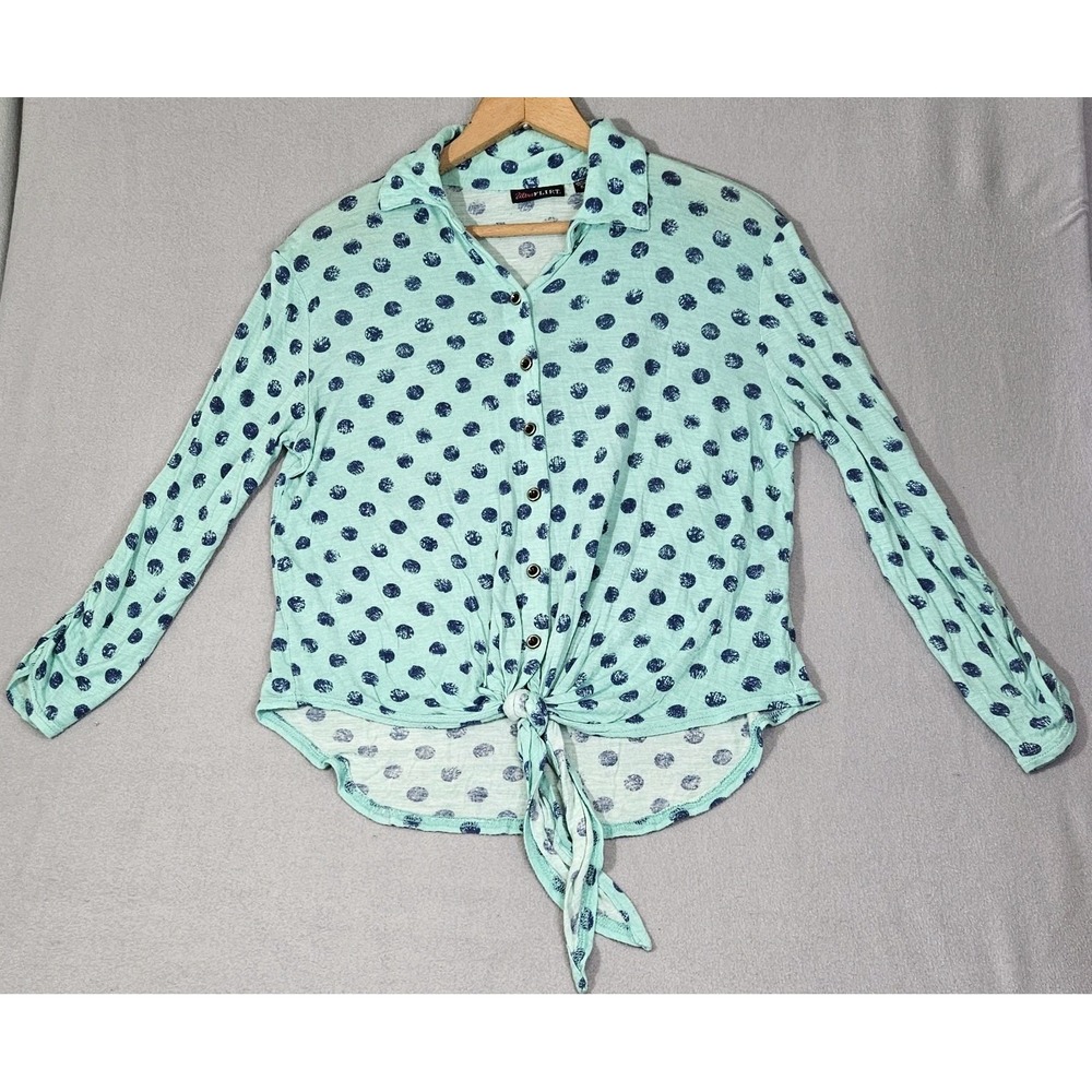 Ultra Flirt Top Women Mint Navy Dots Button Up V Neck SM Collar Tie Knot Hi Low